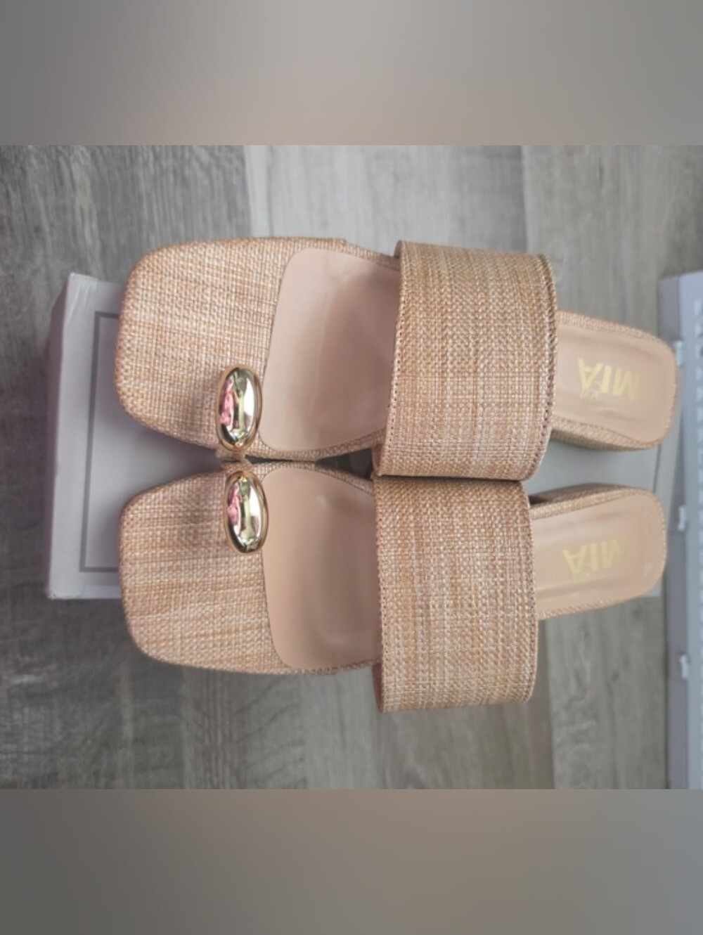MIA Beige Woven Slide Sandals with Gold Toe Ring